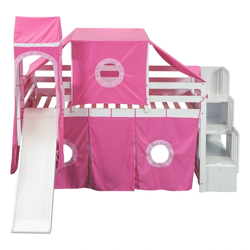 Castle style Loft Bed with Storage Staircase and Slide