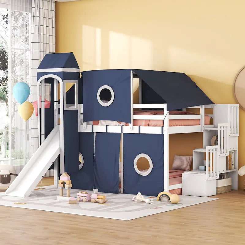 Castle style Loft Bed with Storage Staircase and Slide