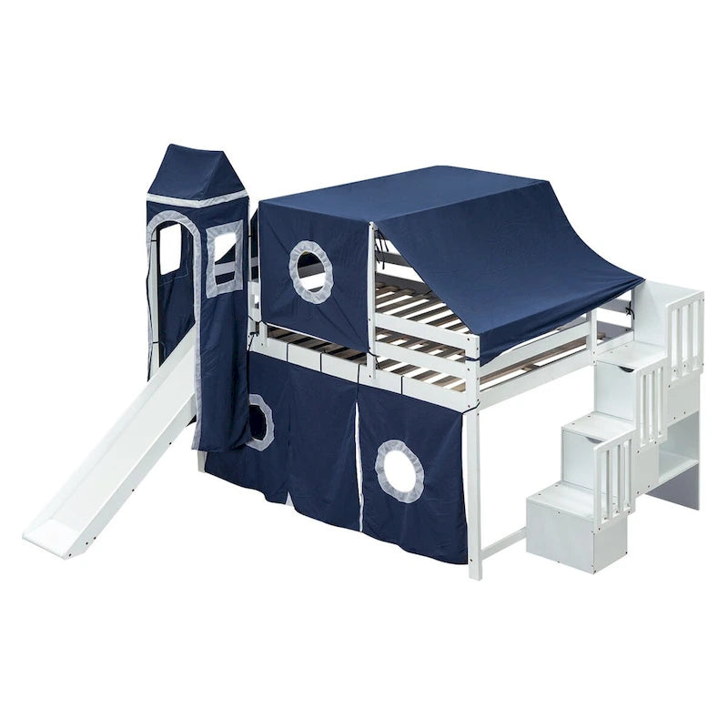 Castle style Loft Bed with Storage Staircase and Slide