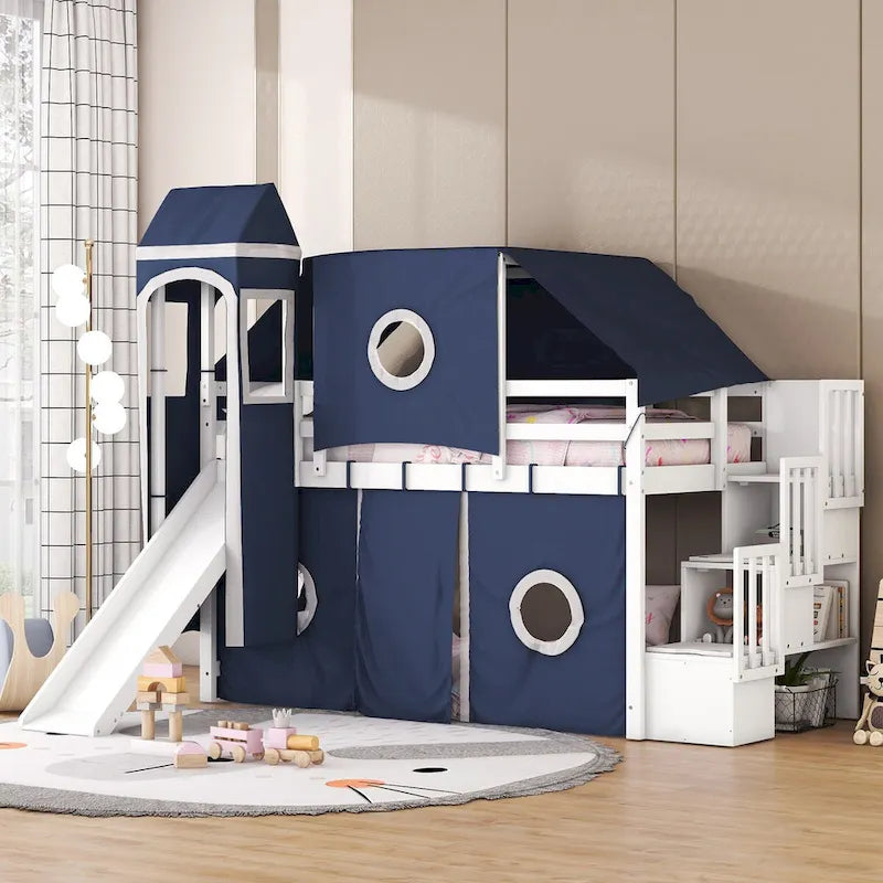 Castle style Loft Bed with Storage Staircase and Slide