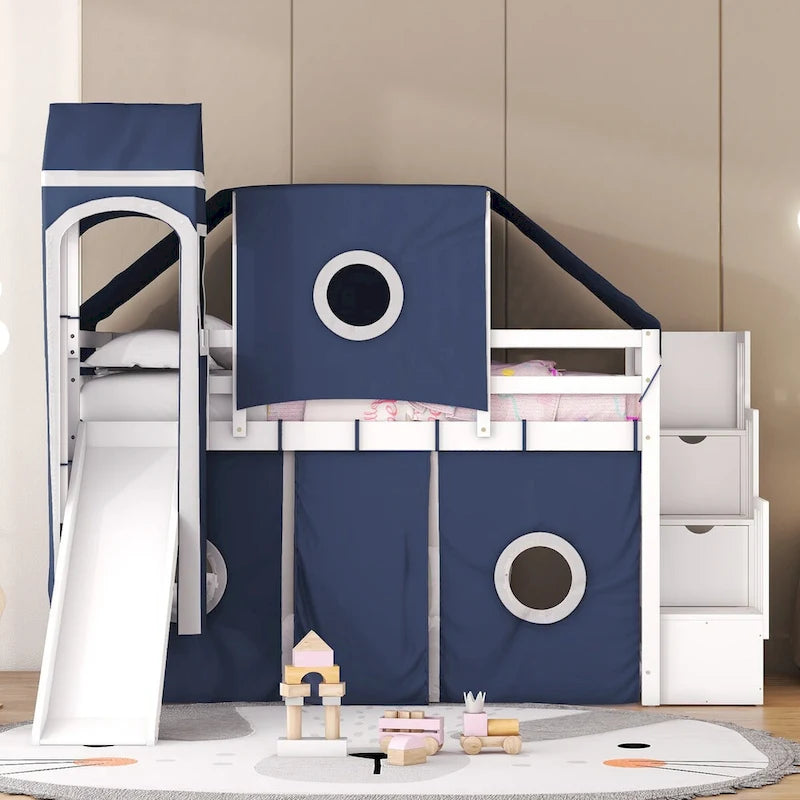 Castle style Loft Bed with Storage Staircase and Slide
