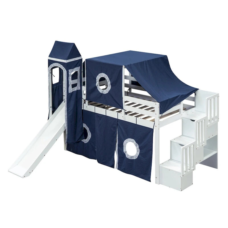 Castle style Loft Bed with Storage Staircase and Slide