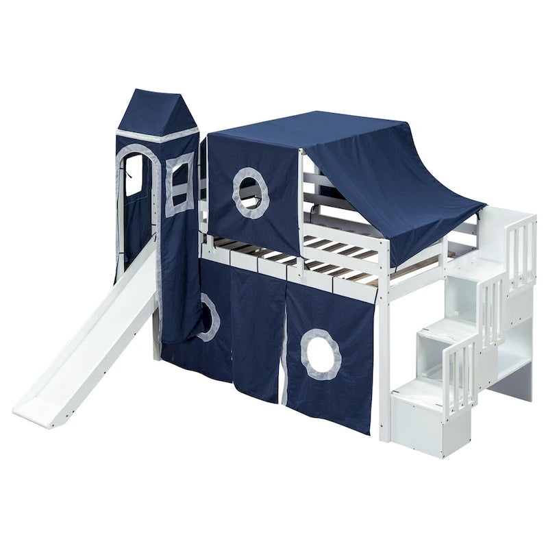 Castle style Loft Bed with Storage Staircase and Slide