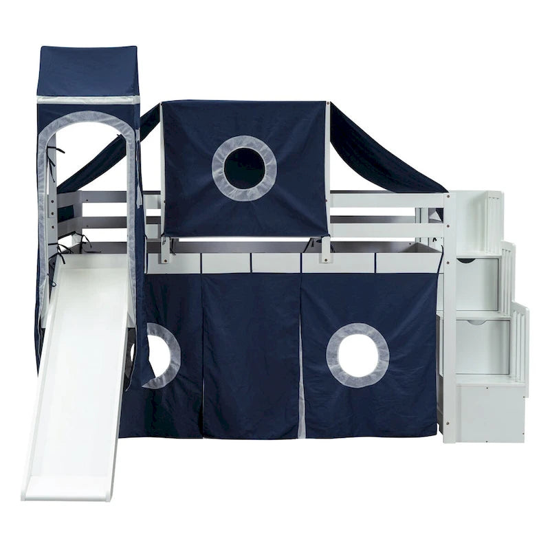 Castle style Loft Bed with Storage Staircase and Slide