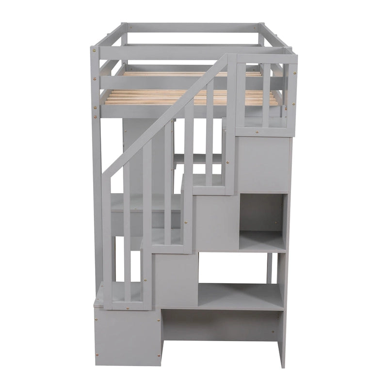 Loft Bed with Storage Drawers, Desk and Stairs, Wooden Loft Bed with Shelves