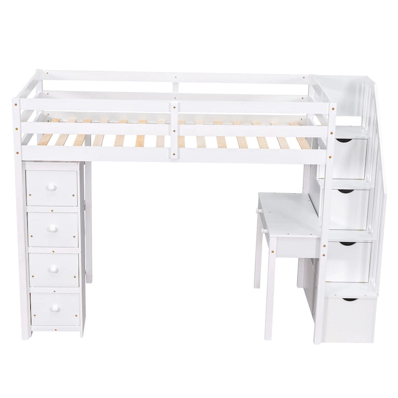 Loft Bed with Storage Drawers, Desk and Stairs, Wooden Loft Bed with Shelves