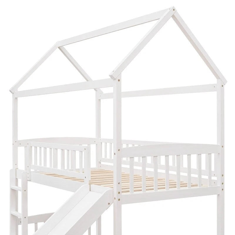 Twin Size Wood Loft Bed with Slide, House Bed