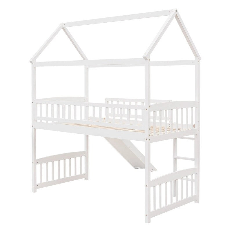 Twin Size Wood Loft Bed with Slide, House Bed