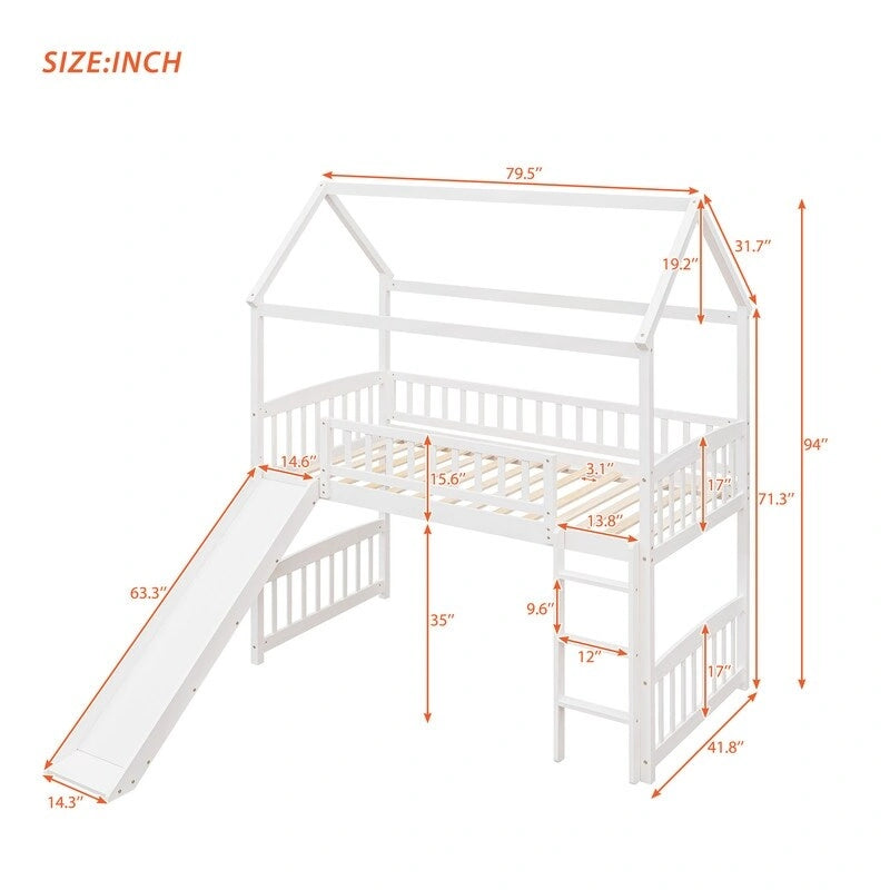 Twin Size Wood Loft Bed with Slide, House Bed