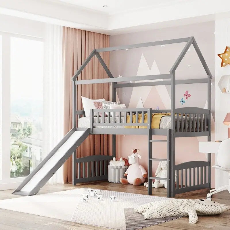 Twin Size Wood Loft Bed with Slide, House Bed