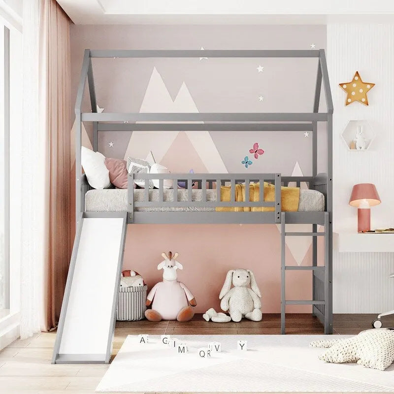 Twin Size Wood Loft Bed with Slide, House Bed