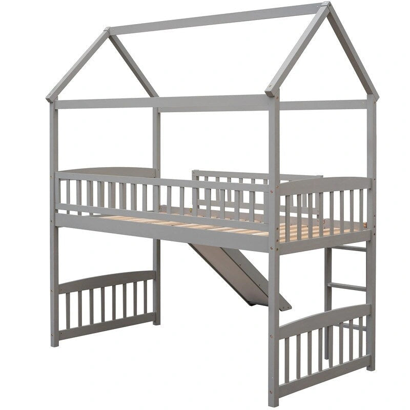 Twin Size Wood Loft Bed with Slide, House Bed