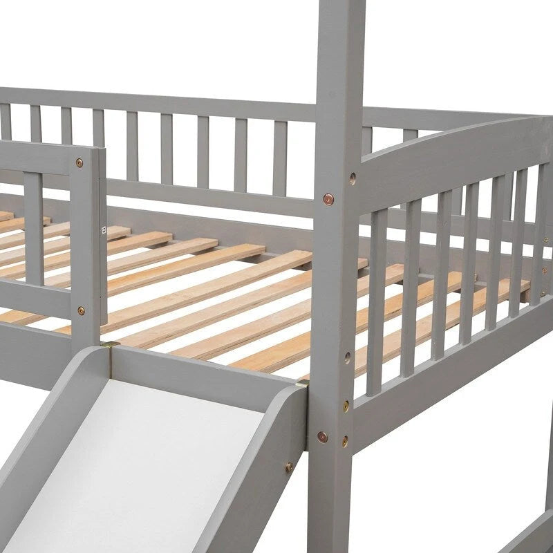 Twin Size Wood Loft Bed with Slide, House Bed