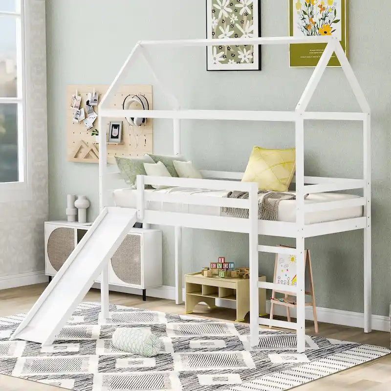Twin Size Loft Bed with Slide, House Bed with Slide