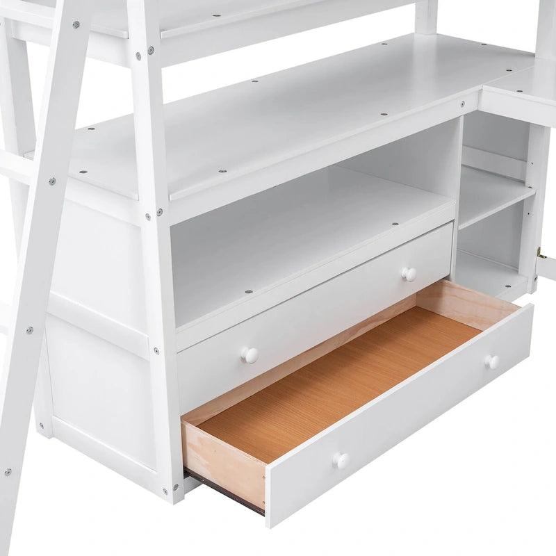 Full Size Loft Bed with Desk and Shelves, Two Built-in Drawers