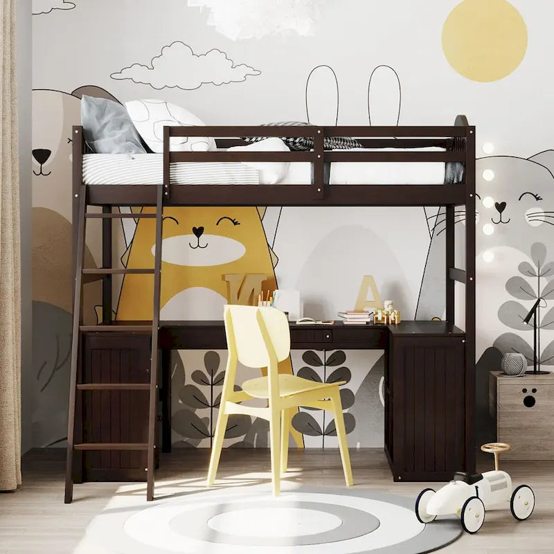 Twin Size Wooden Loft Bed with Desk, 2 Drawers, Cabinet, 4 Shelves, Full-Length Guardrail