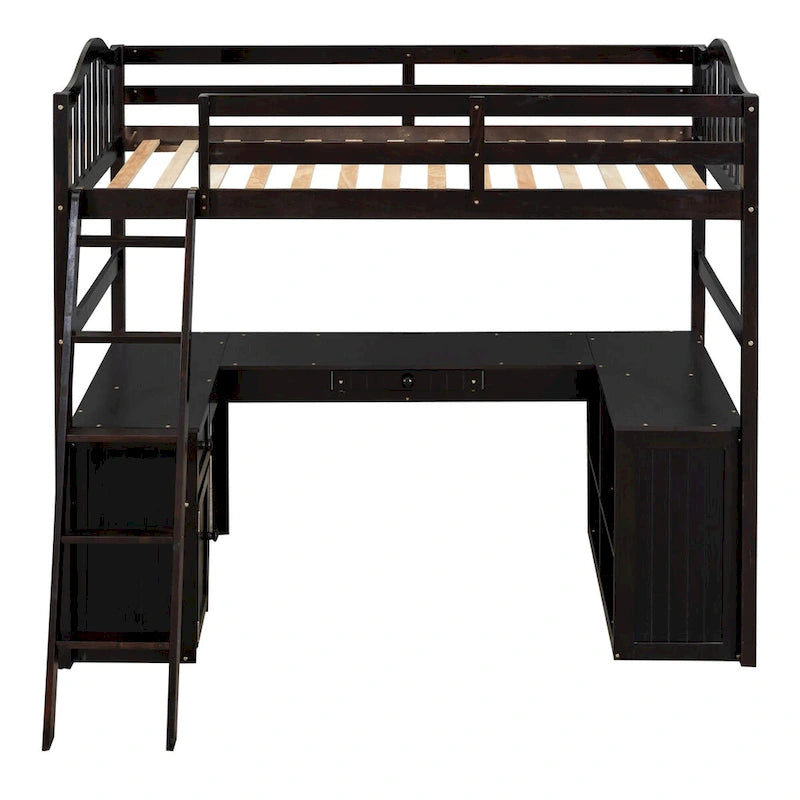 Twin Size Wooden Loft Bed with Desk, 2 Drawers, Cabinet, 4 Shelves, Full-Length Guardrail