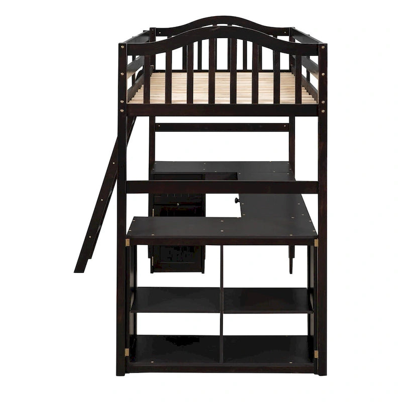 Twin Size Wooden Loft Bed with Desk, 2 Drawers, Cabinet, 4 Shelves, Full-Length Guardrail