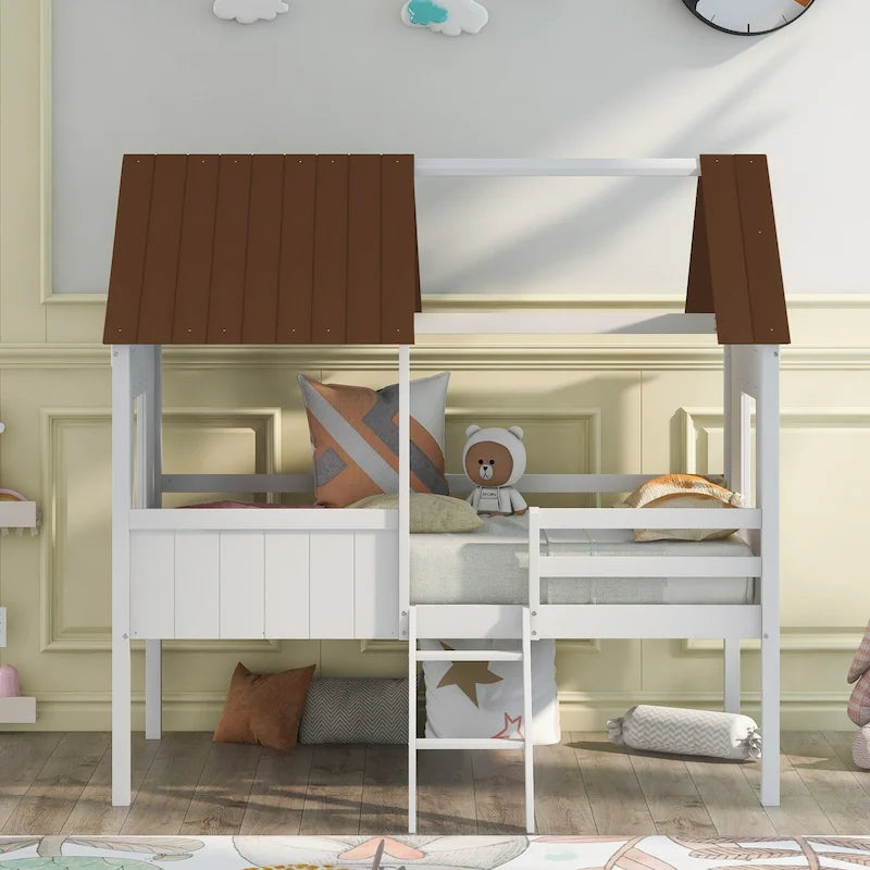 Low Loft Wood House Bed with 2 Side Windows