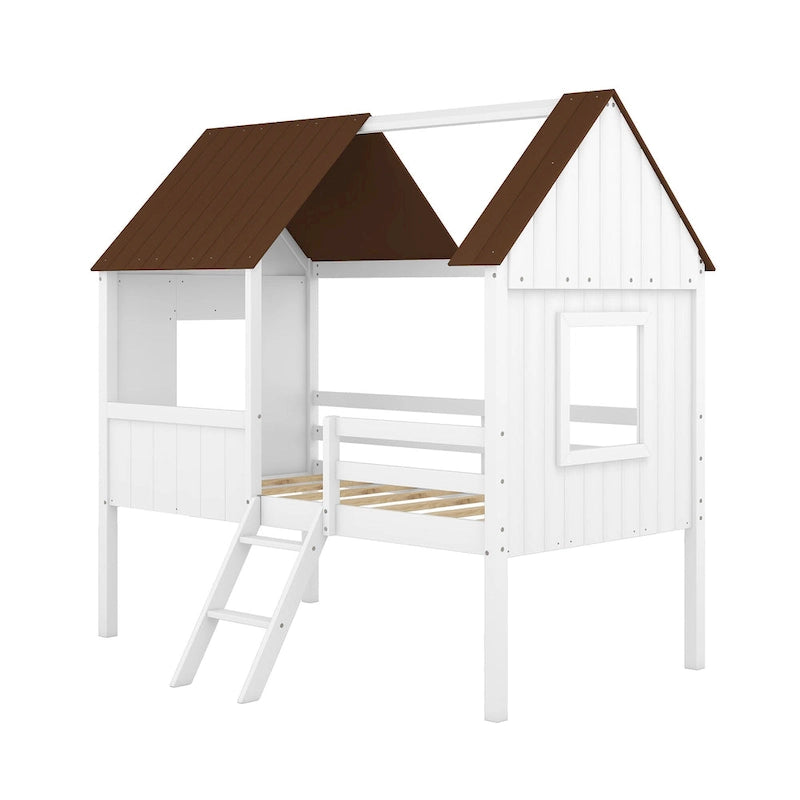Low Loft Wood House Bed with 2 Side Windows