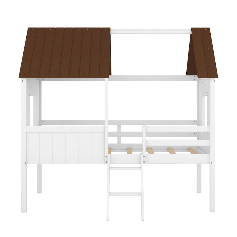 Low Loft Wood House Bed with 2 Side Windows