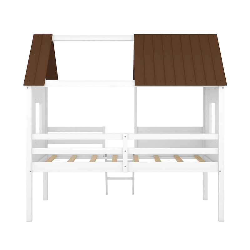 Low Loft Wood House Bed with 2 Side Windows