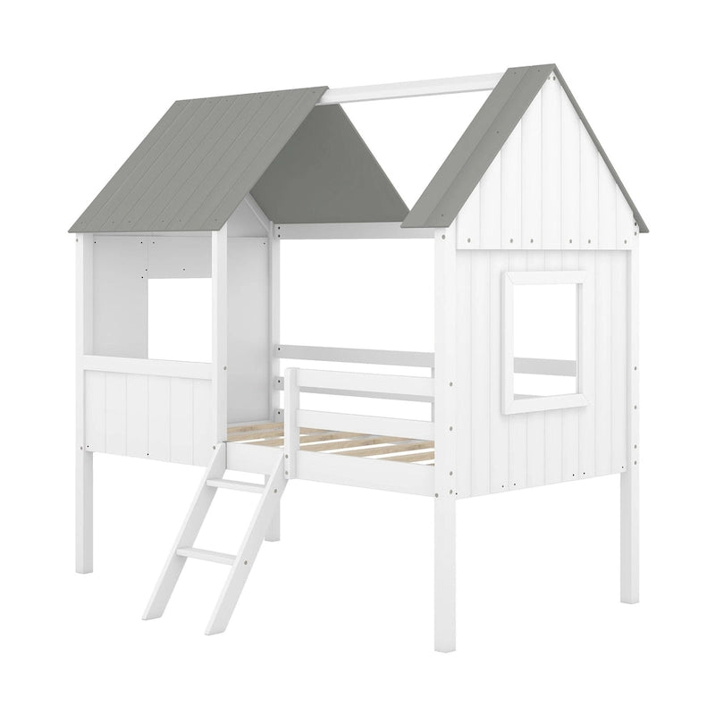 Low Loft Wood House Bed with 2 Side Windows