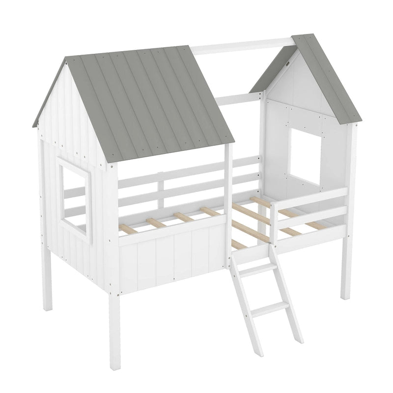 Low Loft Wood House Bed with 2 Side Windows