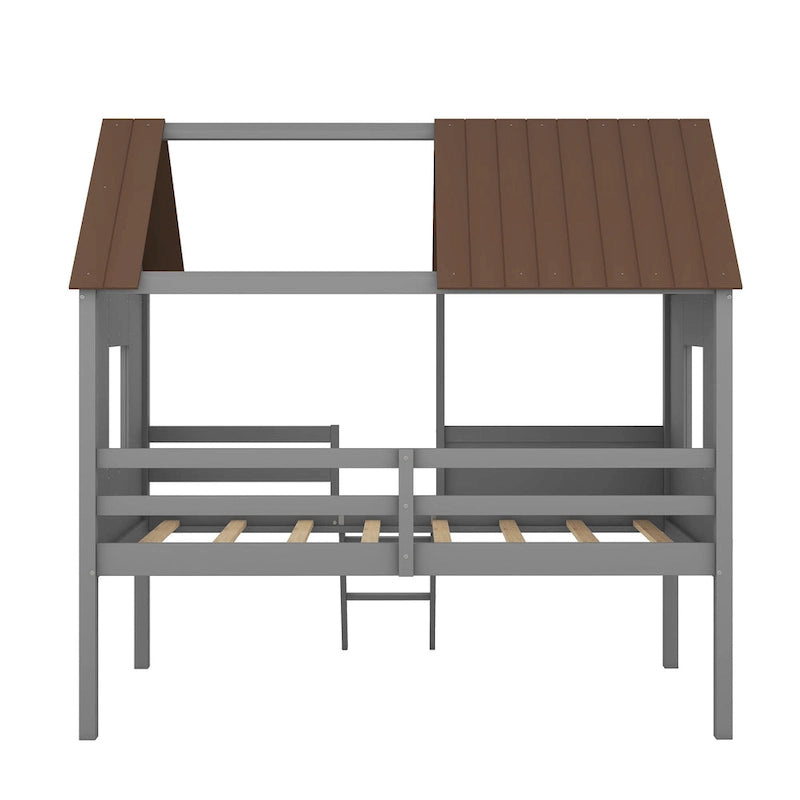 Low Loft Wood House Bed with 2 Side Windows