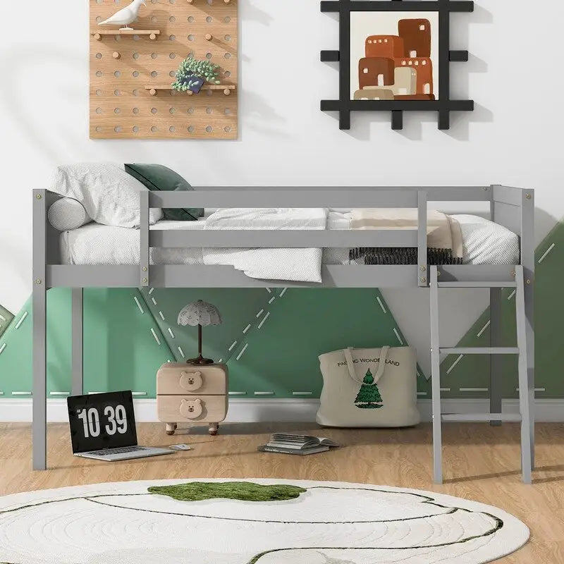 Full Size Wood Low Loft Bed with Ladder,ladder can be placed on the left or right