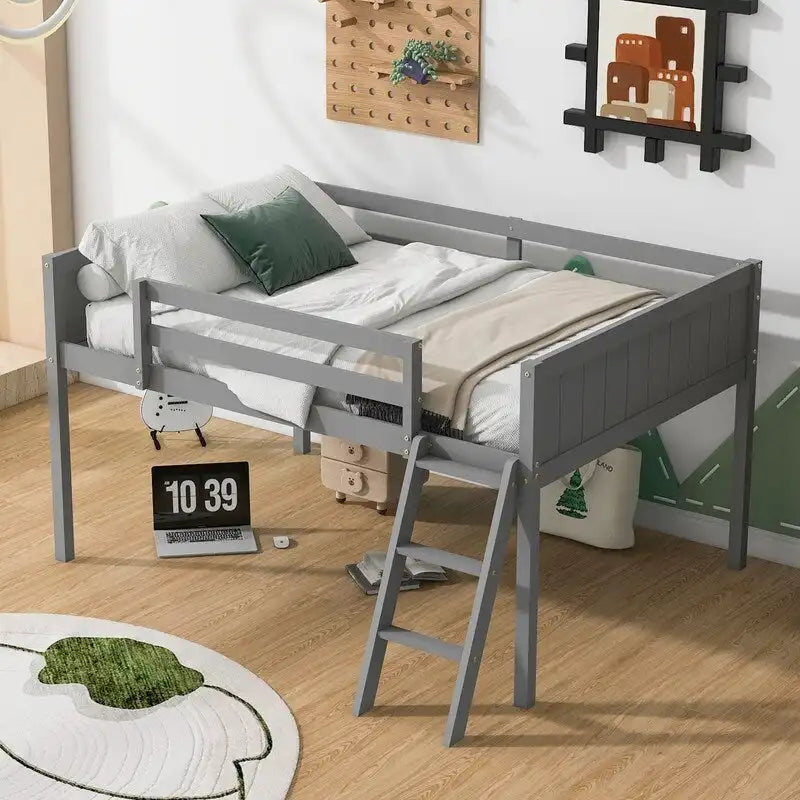 Full Size Wood Low Loft Bed with Ladder,ladder can be placed on the left or right