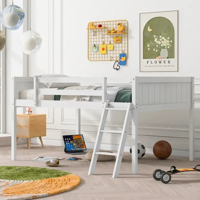 Full Size Wood Low Loft Bed with Ladder,ladder can be placed on the left or right