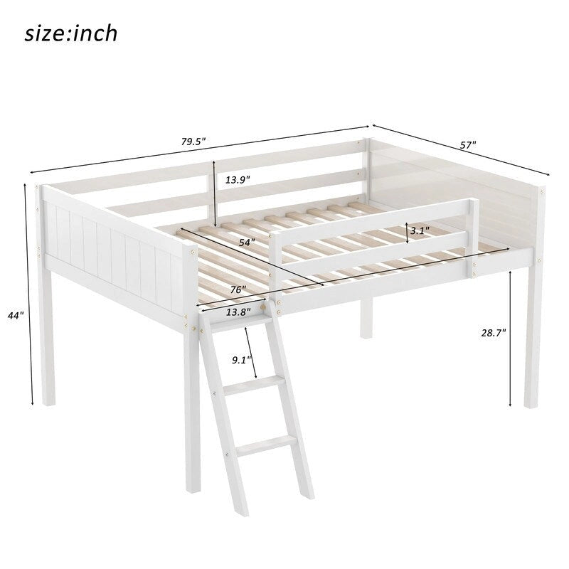 Full Size Wood Low Loft Bed with Ladder,ladder can be placed on the left or right