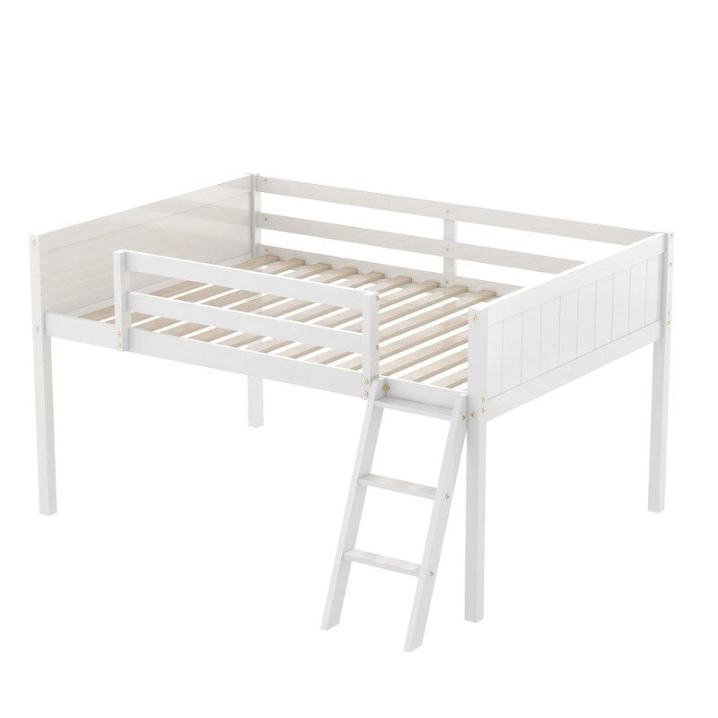 Full Size Wood Low Loft Bed with Ladder,ladder can be placed on the left or right