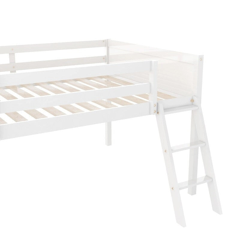 Full Size Wood Low Loft Bed with Ladder,ladder can be placed on the left or right