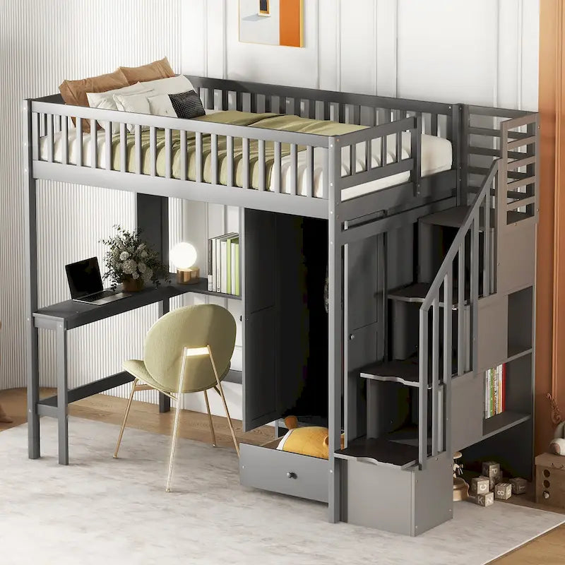 Twin Size Solid Wood Loft Bed with Bookshelf, Drawers, Built-in Desk, Wardrobe and Storage Stairs