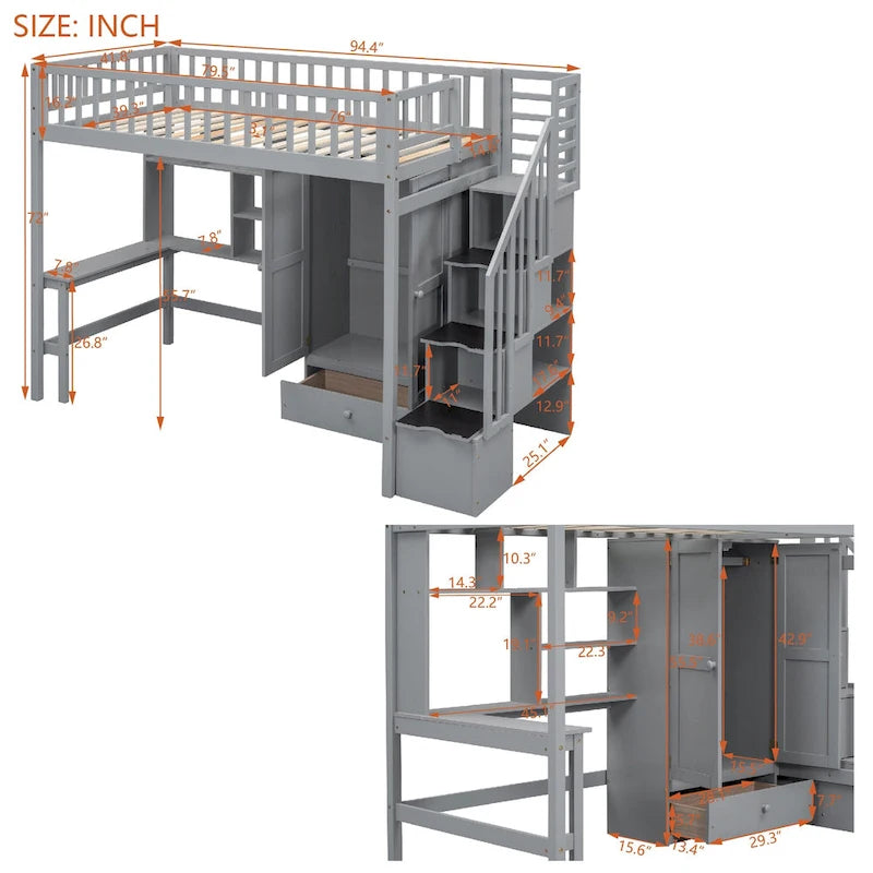 Twin Size Solid Wood Loft Bed with Bookshelf, Drawers, Built-in Desk, Wardrobe and Storage Stairs