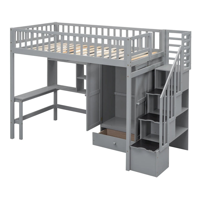 Twin Size Solid Wood Loft Bed with Bookshelf, Drawers, Built-in Desk, Wardrobe and Storage Stairs