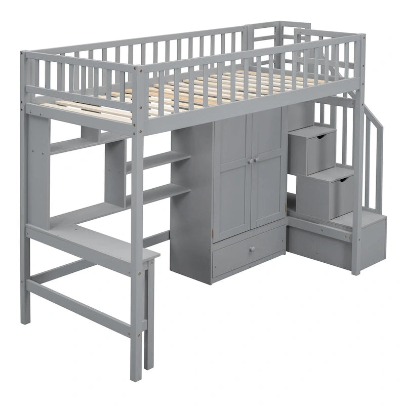 Twin Size Solid Wood Loft Bed with Bookshelf, Drawers, Built-in Desk, Wardrobe and Storage Stairs