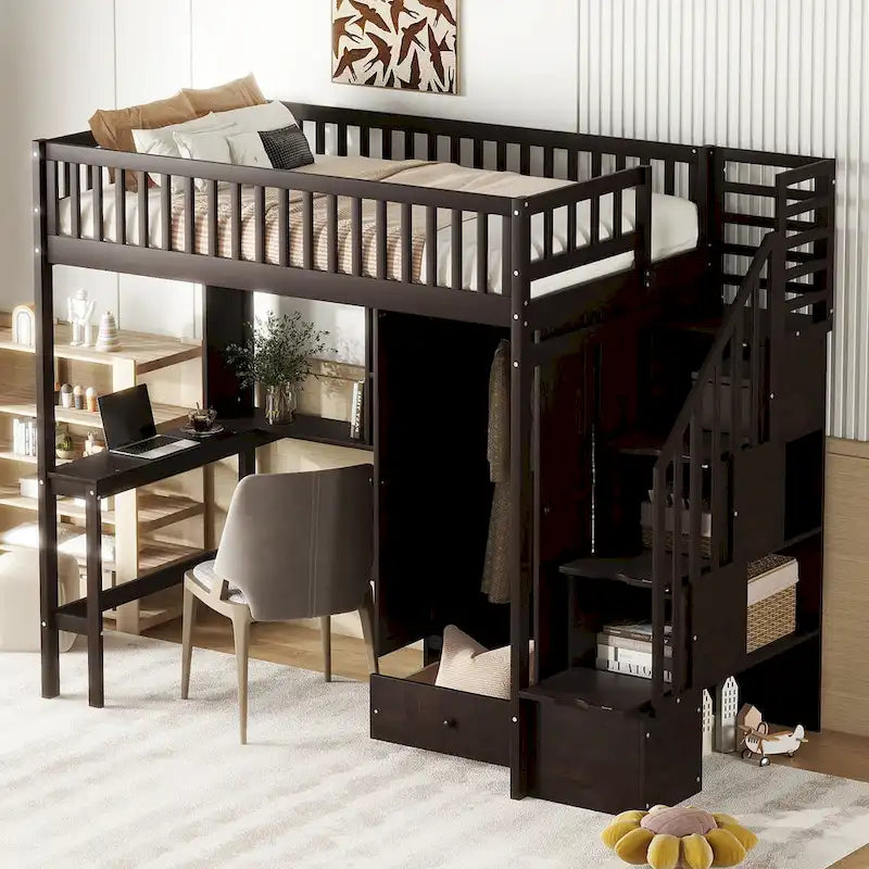 Twin Size Solid Wood Loft Bed with Bookshelf, Drawers, Built-in Desk, Wardrobe and Storage Stairs