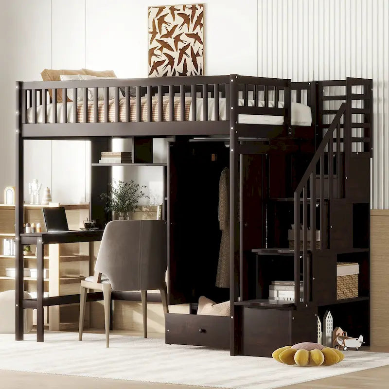 Twin Size Solid Wood Loft Bed with Bookshelf, Drawers, Built-in Desk, Wardrobe and Storage Stairs