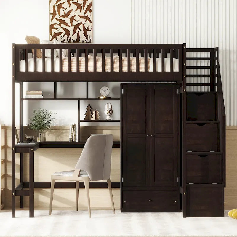 Twin Size Solid Wood Loft Bed with Bookshelf, Drawers, Built-in Desk, Wardrobe and Storage Stairs