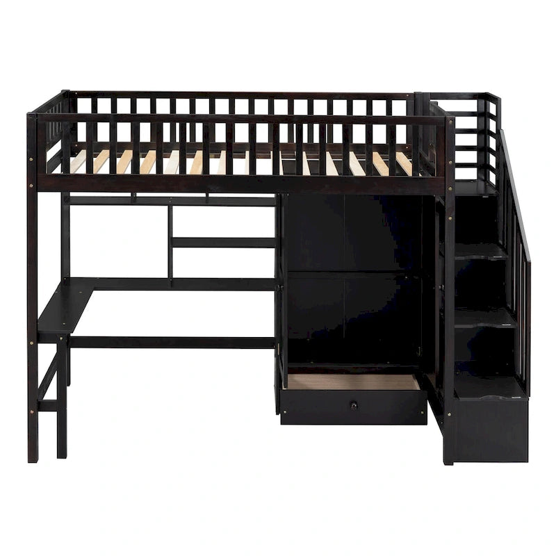 Twin Size Solid Wood Loft Bed with Bookshelf, Drawers, Built-in Desk, Wardrobe and Storage Stairs