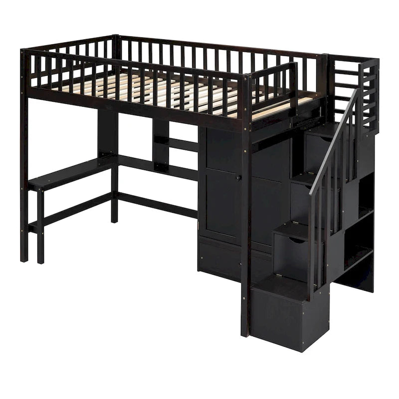 Twin Size Solid Wood Loft Bed with Bookshelf, Drawers, Built-in Desk, Wardrobe and Storage Stairs