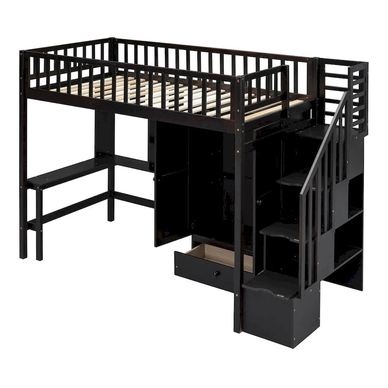 Twin Size Solid Wood Loft Bed with Bookshelf, Drawers, Built-in Desk, Wardrobe and Storage Stairs