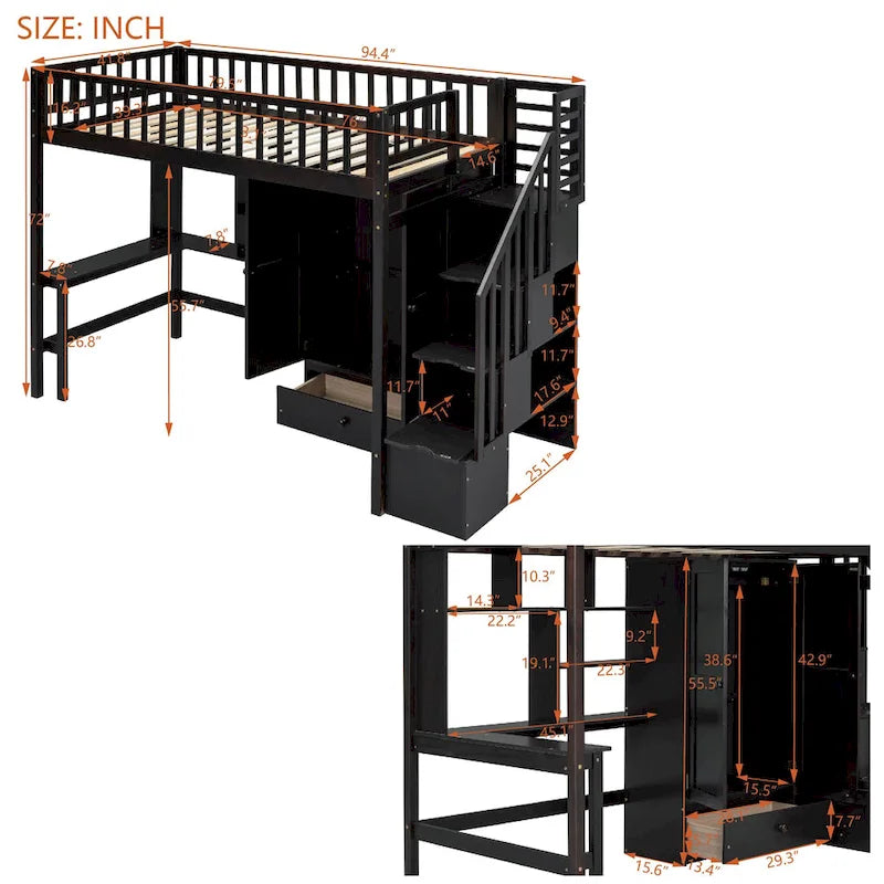 Twin Size Solid Wood Loft Bed with Bookshelf, Drawers, Built-in Desk, Wardrobe and Storage Stairs