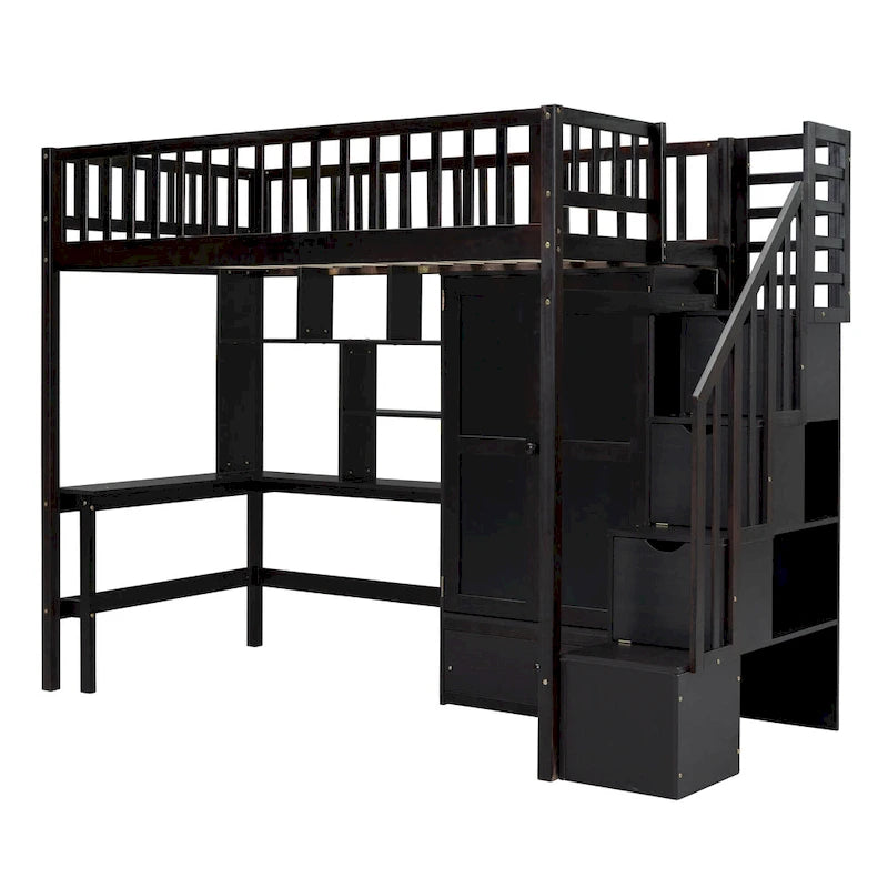 Twin Size Solid Wood Loft Bed with Bookshelf, Drawers, Built-in Desk, Wardrobe and Storage Stairs