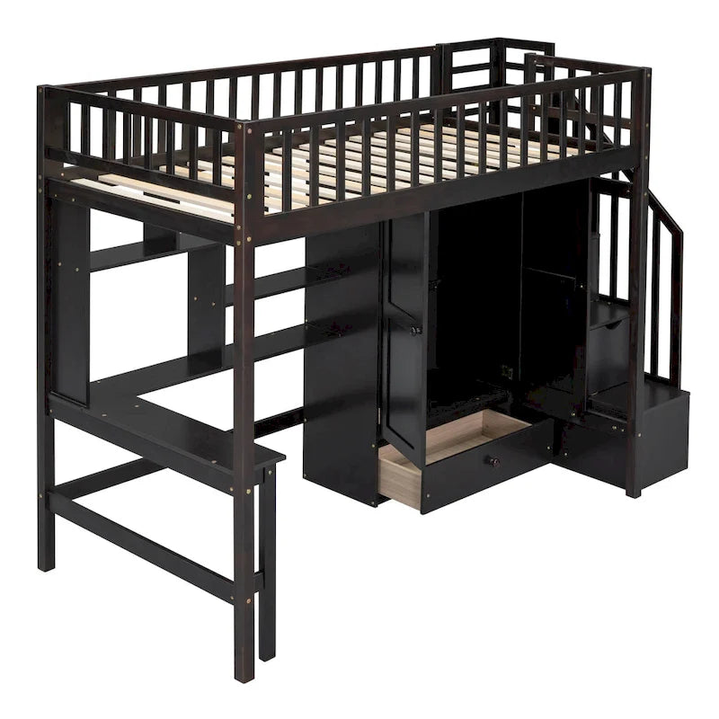 Twin Size Solid Wood Loft Bed with Bookshelf, Drawers, Built-in Desk, Wardrobe and Storage Stairs