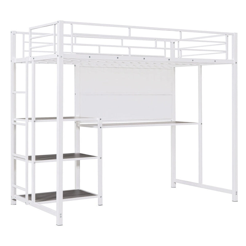 White Metal Loft Bed with Desk, Whiteboard, and 3 Shelves, Includes Ladder