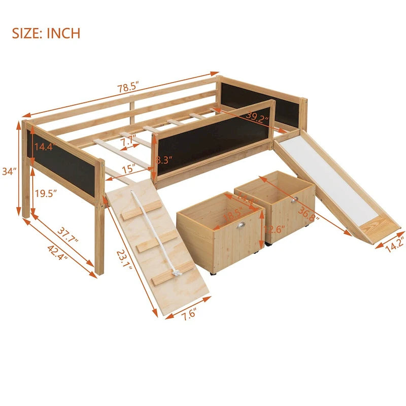 Pine Loft Bed with Climbing Frame, Rope, and Chalkboard